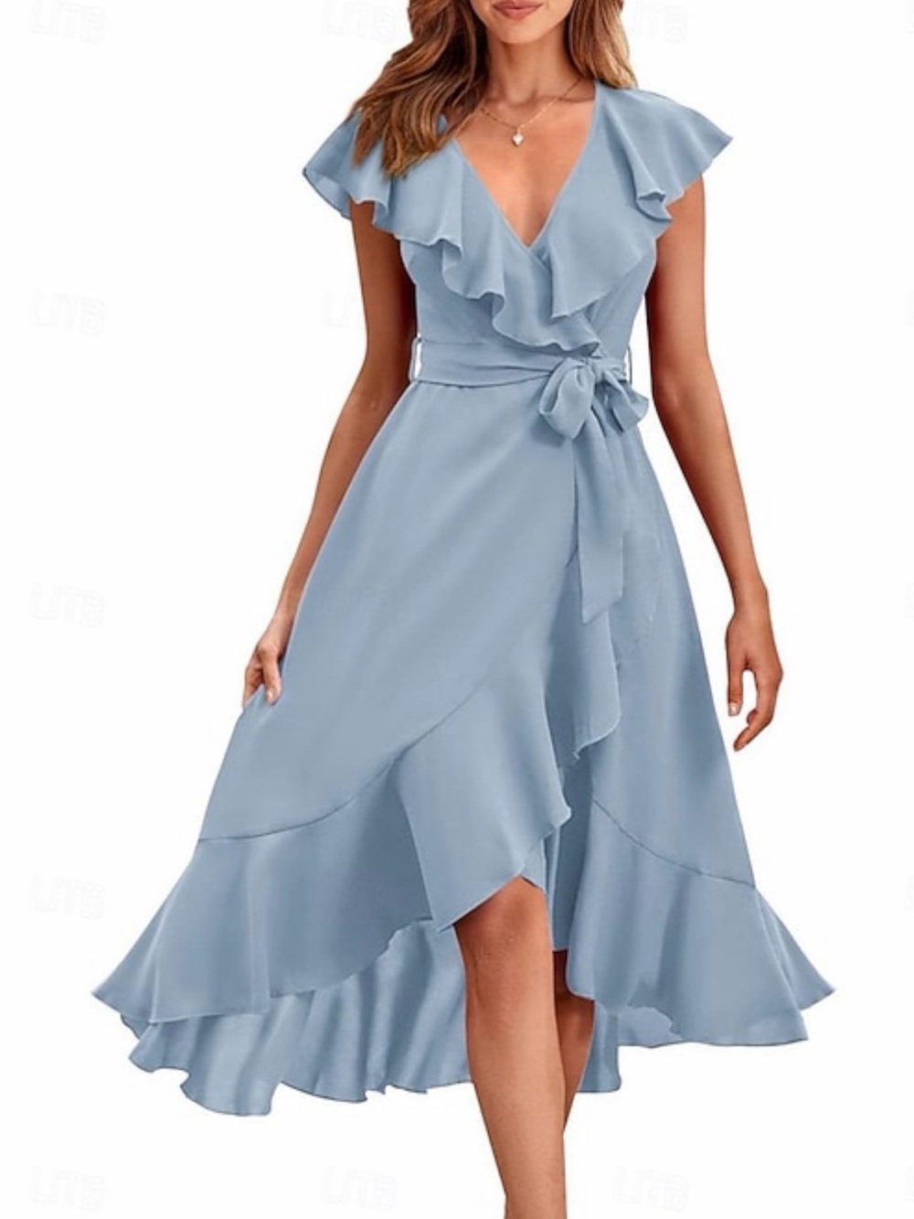 Ruffled V-Neck Wrap Midi Dress in Light Blue